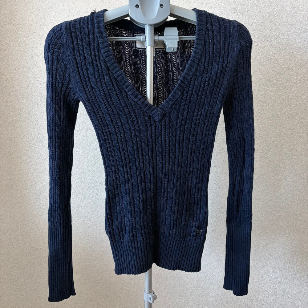 American Eagle Sweater Womens Small Navy Blue Cable Knit VNeck Y2K Preppy Cotton